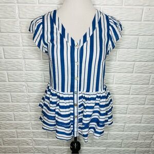 VICI Striped Double Peplum Button Up Short Sleeve Shirt Blue White Size S